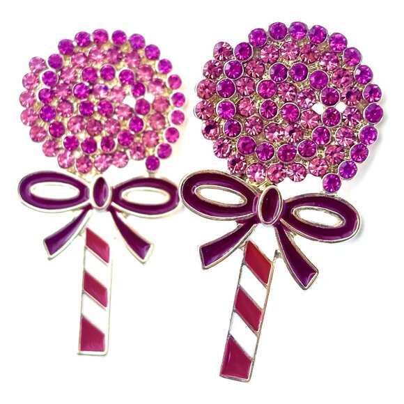 Whimsical Pink Swirled Rhinestones Jeweled Christmas Lollipop Candy Earrings New - Picture 1 of 3